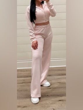 Women's Set Zip Cropped jacket and  Wide-Leg Lounge Pants - Light Pink